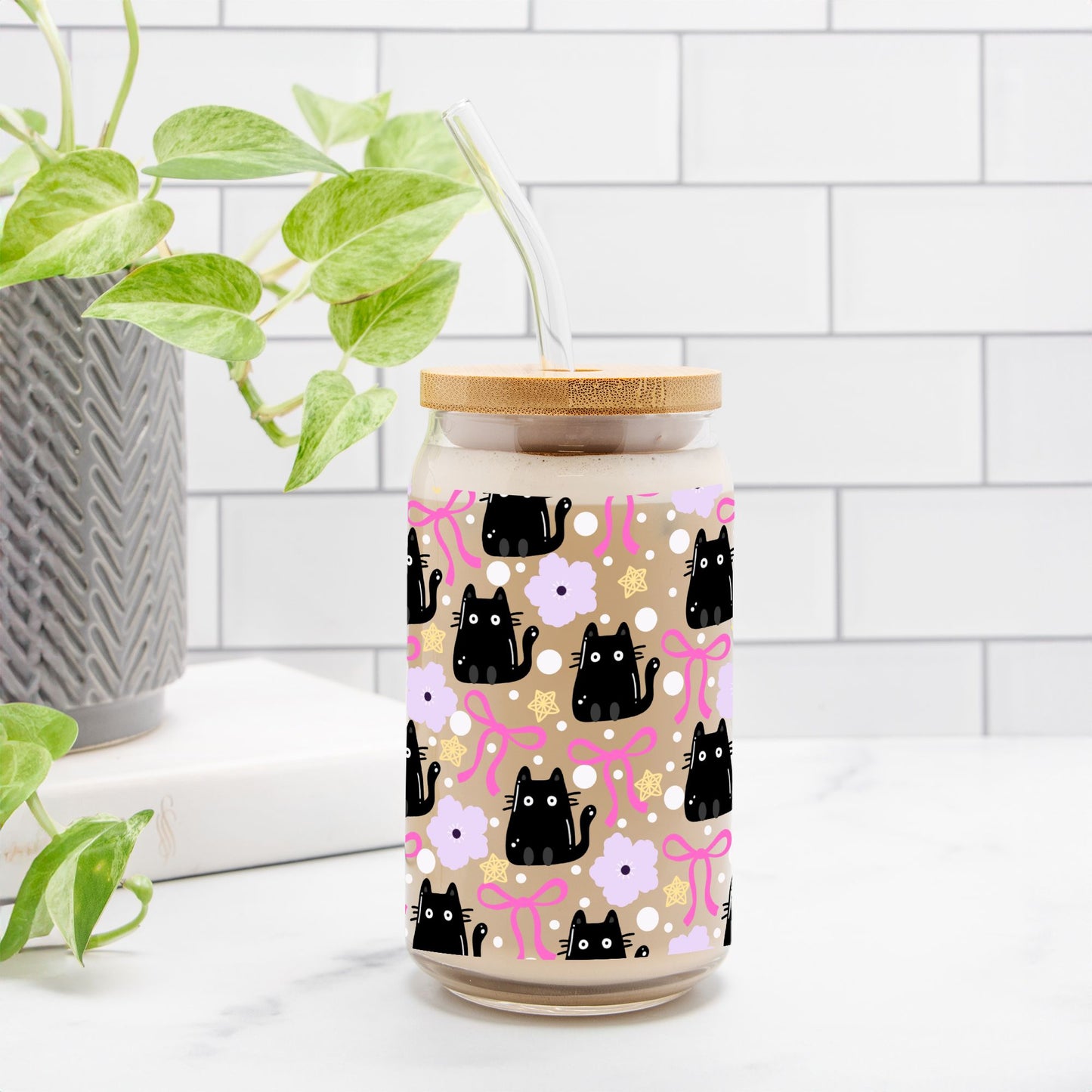 Bloom Cup - Bows & Black Cat (16oz)